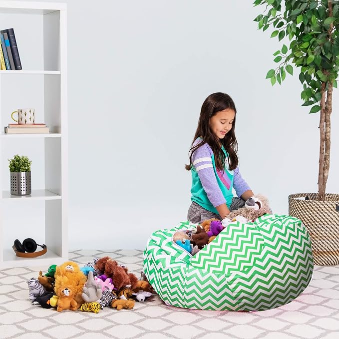 Posh Stuffable Kids Stuffed Animal Storage Bean Bag Chair Cover - Childrens Toy Organizer, Large 38" - Pattern Chevron Green and White - Image 6