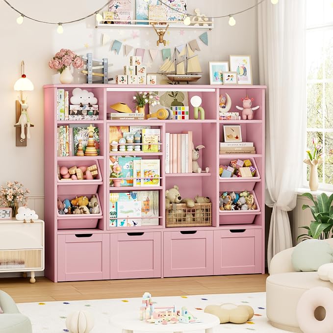 Toy Storage with Sliding Bookshelf, Toy Organizer with 4 Bins | 55.1’’ W Large Toy Storage Organizer Kids Bookshelf with 4 Movable Drawers, Toy Bins Playroom Storage for Kid Room, Pink - Image 4