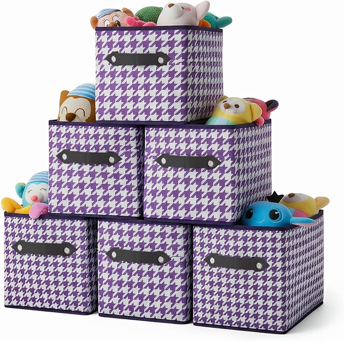 6 Pack Large Collapsible Storage Baskets for Shelves,14.9"x9.5" Fabric Closet storage Boxes with Leather Handles,Decorative Organizers Storage Bins for Clothes,Sheets,Books,(Purple Houndstooth by Yunkeeper