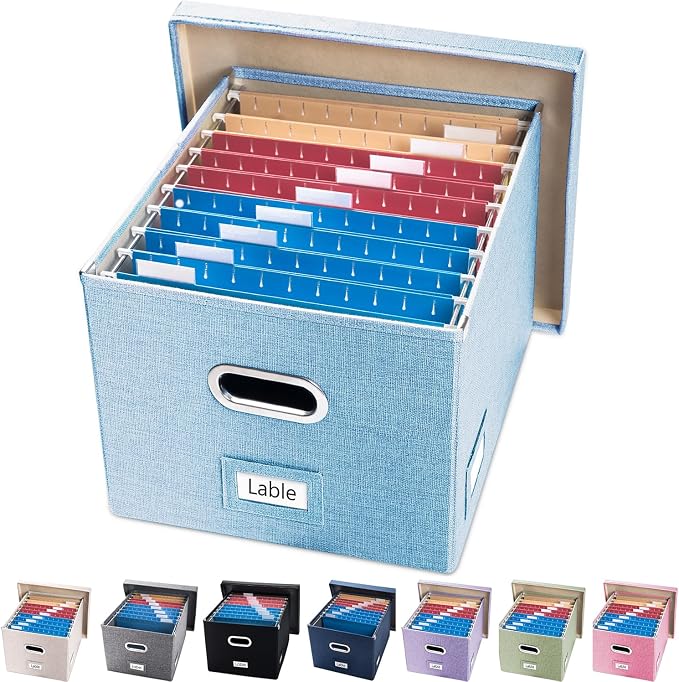 File Organizer Box - Set of 1 Collapsible Decorative Linen Filing Storage Hanging File Folders with Lids Office Cabinet Letter/Legal Blue (17x14x11.2 inch) by Prandom