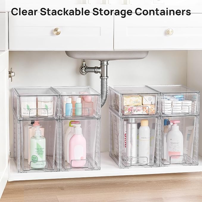 Vtopmart Clear Stackable Storage Drawers, 8 Pack Tall Organizer Set | Tall and Small Pull-Out PET Drawers Combine Vertical Storage and Small Item Sorting for Cabinets, Closets, Pantry - Image 4