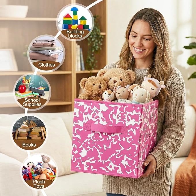 LemonRoad 6 Fabric Storage Cubes 11 Inch Foldable Marble Storage Bins for Organizing Pantry, Toy Box, Clothes Closet Collapsible Baskets for Shelves School Organizing with Handle(Pink, Classic) - Image 6