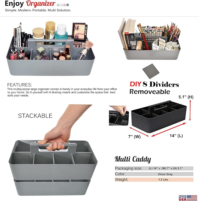 -Large Portable Caddy, DIY Dividers, 8 Compartments, School Office Supplies Home Business Organizer,Portable Basket with Handle Storage Made in USA (4 PACK, Orion Gray) - Image 2