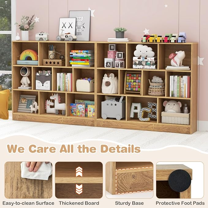 HONEY JOY Kids Toy Storage Organizer, 10-Section Wooden Floor Storage Cabinet, 41” Daycare Toy Chest, 3-Tier Kids Display Bookshelf for Classroom, Playroom & Nursery, Kindergarten (Natural) - Image 6