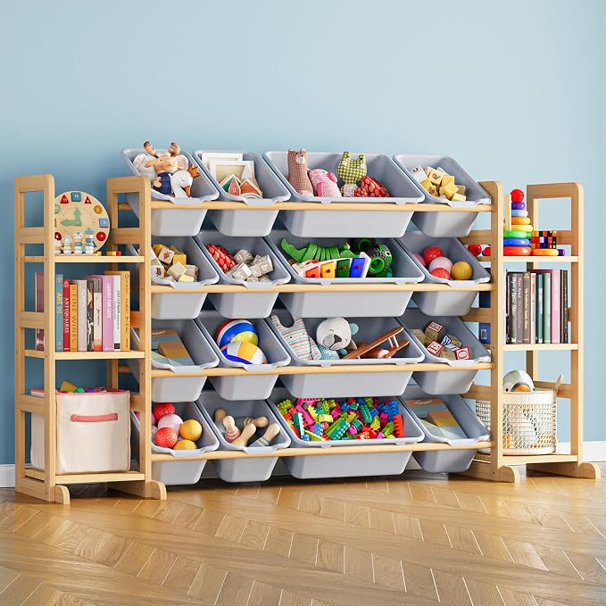 SpaceAid Toy Storage Organizer with 6 Shelves and 16 Bins, Toy Organizers Storage Bookshelf, Kids Bin Shelf Toys Box Bookcase for Bedroom Playroom Organization Room Decor, Neutral Gray by SpaceAid