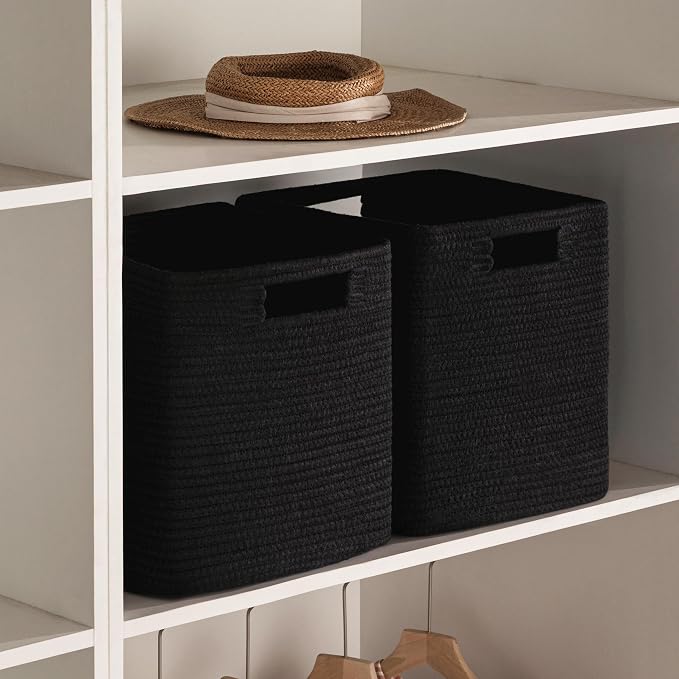 UBBCARE Set of 4 Storage Basket-13 X 13 X 13 in, Cotton Rope Basket for Shelves, Toys, Book, Cube Storage Bins with Handles, Woven Storage Basket for Organizing, Black - Image 6