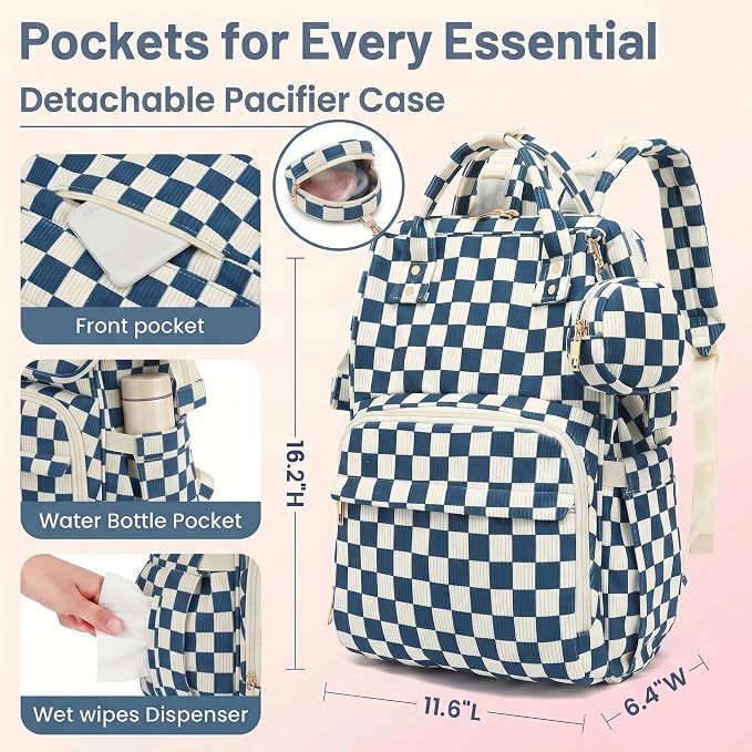 Baby Diaper Bag Backpacks for Mom Dad, Corduroy Large Capacity Multifunction Nappy Bag with Pacifier Case, Baby Travel Essentials Diaper Backpack for Boys Girls - Checkered Navy Blue - Image 4