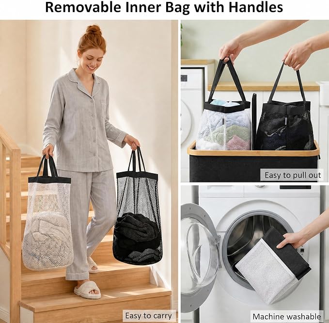 efluky Laundry Hamper with Lid, Double Laundry Basket with 2 Removable Bags, 2 Section Laundry Bin with Bamboo Handles for Bathroom, Bedroom & Laundry Room, 170L (44.9 Gallon) Black - Image 3