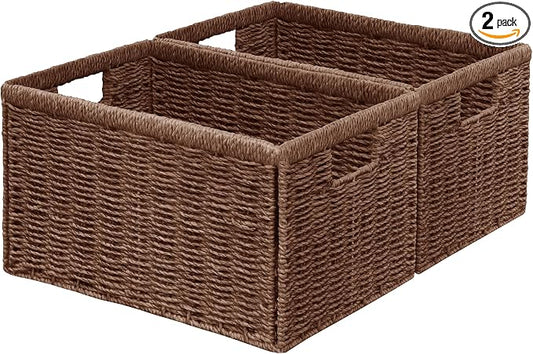 2 Packs Large Wicker Storage Basket, Closet Storage Baskets Bins for Shelves, Decorative Collapsible Baskets for Organizing Clothes Toy Nursery Bathroom Organizers and Storage, Brown by Vagusicc