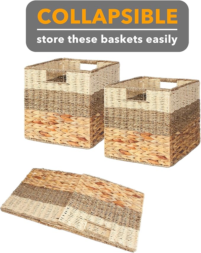 SpaceAid 4 Pack 3 Pattern Design Wicker Basket, Baskets for Organizing, Storage Rattan Basket with Handles for Shelves, Woven Cube Storage Bin Organizer, 13x13x13 inch, Natural - Image 7