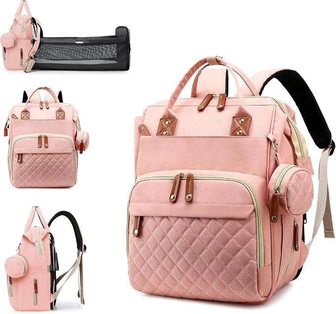 Diaper Bag with Changing Station, Waterproof 3 in 1 Diaper Backpack with Foldable Changing Pad, Large Travel Backpack for Mom & Dad, Baby Gift for Girl & Boy,Pink by Lamroro