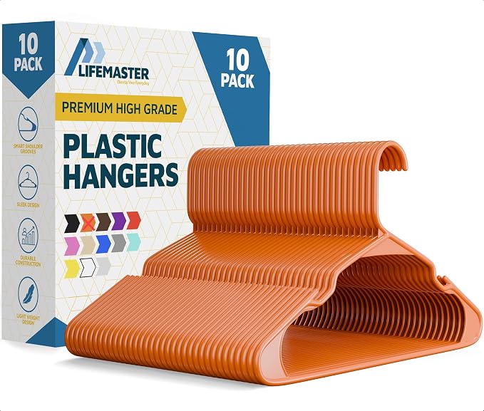 Lifemaster Plastic Clothes Hangers – Heavy Duty Hanger Set, for Organizing Clothes, Dresses, and Coat, Holds Up to 5 lbs, Space-Saving Hangers with Non-Slip Shoulder Grooves, Pack of 10, Orange by LIFEMASTER
