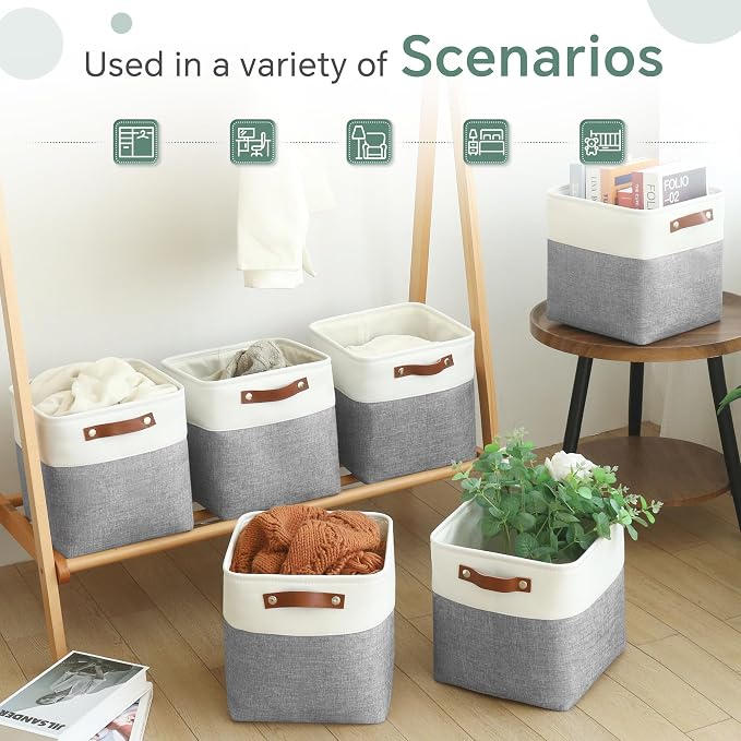 FinishingBo 11 inch Cube Storage Bin 6 Pack, Cube Organizer Bins | Fabric Storage Bins With Handles, 11x11 Storage Cubes, Shelf Basket, White/ Gray - Image 7