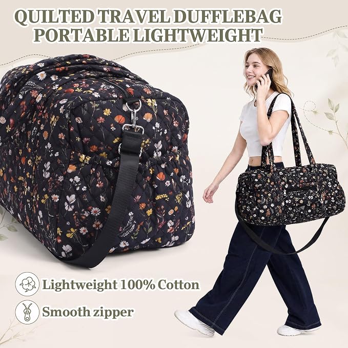 Dansydaisy Quilted Weekender Bag for Women with Makeup Pouch, Black Floral | Large Duffle Bag, Trolley Compartment & Zipper Pocket, Adjustable Carry Strap, for Mommy Dancers Travel Gym Hospital - Image 5