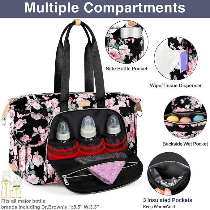 Diaper Bag Tote for Baby 7PCS, Large Mommy Bag with Portable Changing Pad | Multifunctional Hospital Bags for Labor and Delivery with Pacifier Case and Organizer Pouches,Travel Baby Bag for Boy Girl - Image 4