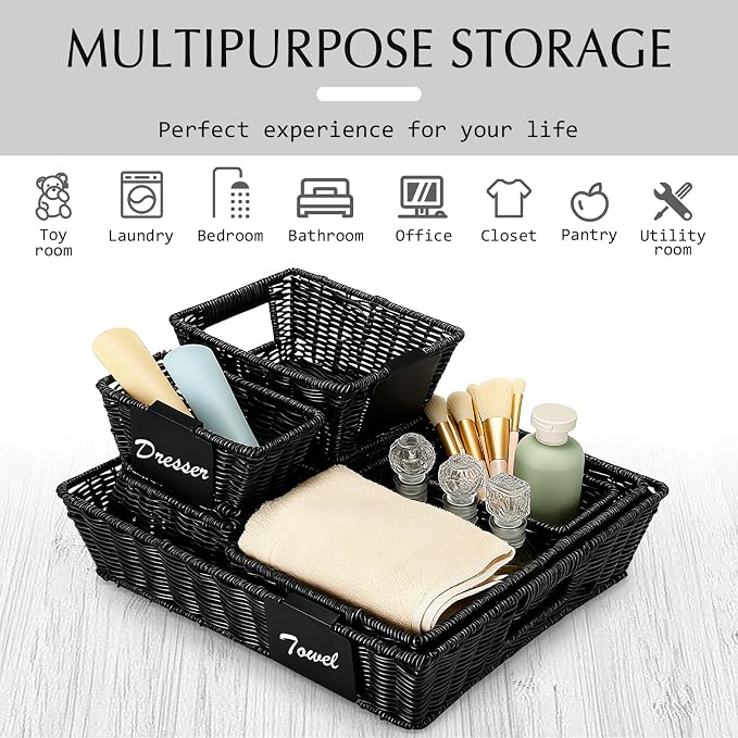 Marsui 9 Pcs Wicker Storage Baskets for Pantry Organization with Handle Labels Handwoven Multi-size Brown Small Organizer Baskets Storage Bins Container for Shelves Closet Toilet Christmas Holiday - Image 4