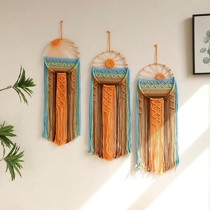 Artilady 3 Pack Macrame Wall Hanging Tapestry, Boho Sun Art Dream Catcher | Large Tapestry, Handmade Woven, Farmhouse Rustic, Colorful Sun Wall Art Set, Bedroom Living Room Entryway Home Decor by Artilady