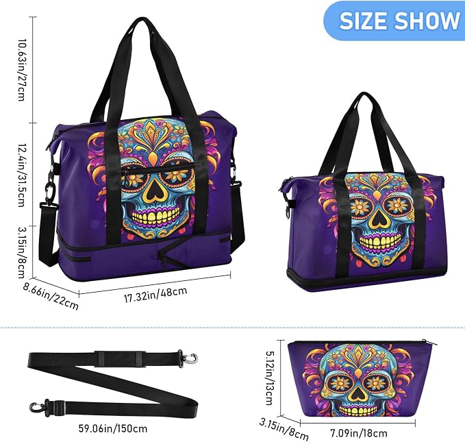 Travel Duffel Tote Bag Gothic Skull Sports Duffel Bag with Wet Pocket Weekender Overnight Bag for Women Men Gym Bag, Carry On Bag Hospital Bag for Labor and Delivery - Image 6