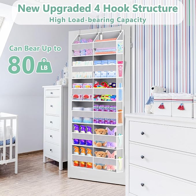 Heavy Duty Over The Door Organizer 6 Tiers, Extra Large Behind Door Storage of 12 Front & 12 Mesh Pockets, 80lb Weight Capacity, Hanging Doors Storage for Closet Bedroom Nursery, Light Gray - Image 4