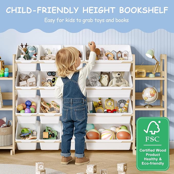 EXPERLAM Extra Large Toy Storage - Toy Storage Organizer, Wooden Toy Organizer with 6 Side Shelves and 16 Bins, 3-in-1 Bookshelf for Kids Rooms, Playroom, Nursery, White - Image 8