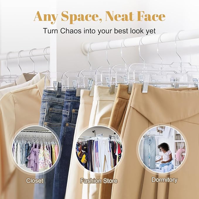 HOUSE DAY 14 Inch Clear Pants Hangers with Clips 12 Pack, Skirt Hangers | Adjustable Clip Hangers for Pants, Skirts, Jeans and Shorts, with No Marks Pads and 360° Swivel Hook, for Closet Organization - Image 7