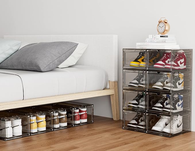 HOMIDEC Shoe Storage, 6 Pack Shoe Organizer Clear Hard Plastic Shoe Box | Shoe Boxes Clear Plastic Stackable, Shoe Storage Box with Lids for Size 13, Clear Smoke - Image 8