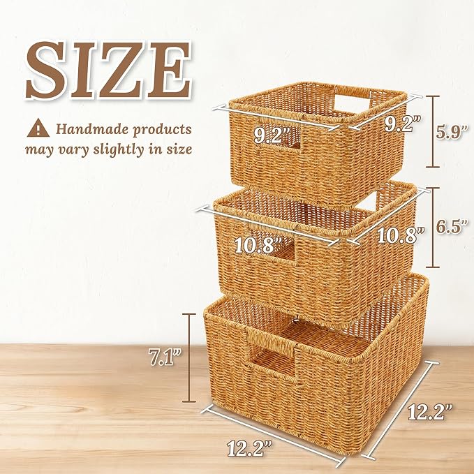 WeeNest Baskets with Handles, Wicker Storage, Shelf Boxes for Organizing, Decorative Resin, Set of 3, Amber - Image 2