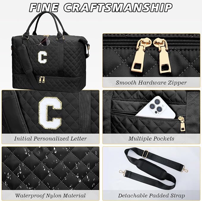 Birthday Gifts Initial Travel Duffle Bag for Women(Black,C) | Travel Gifts for Women-Overnight Bags with Toiletry Bag-Weekender Bags with Shoe Compartment for Travel - Image 6