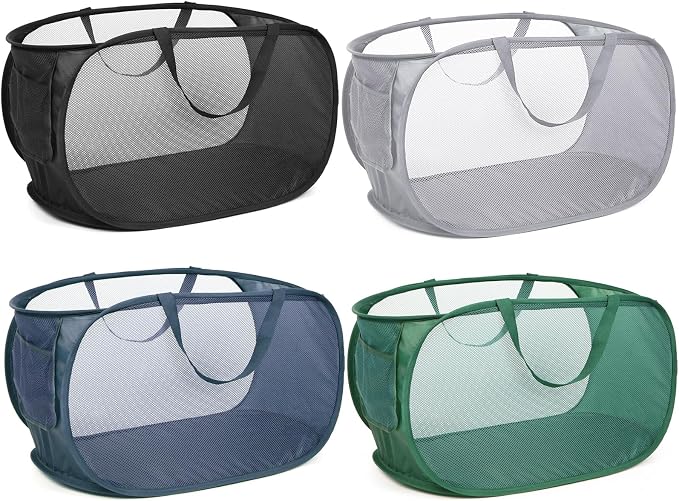 4 Pack Durable Collapsible Laundry Baskets, Mesh Foldable Laundry Basket, Pop Up Laundry Hamper with Pocket, Clothes Hamper with Reinforced Handles for Laundry, Bathroom, Kids Room, Dorm or Travel by Bemkoo