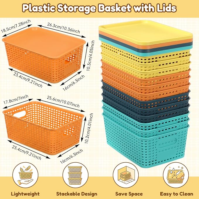 12 Pack Plastic Storage Baskets with Lids Stackable Organizing Bins Storage Baskets Organizers and Containers for Closet, Pantry, Office, 10.2 x 7.2 x 4.1 Inches(Boho Color) - Image 3