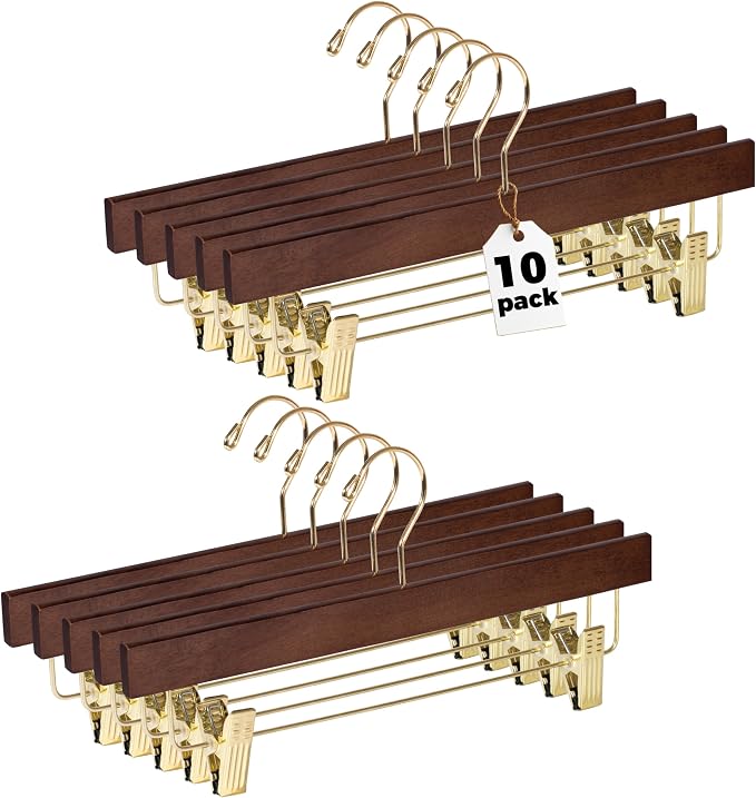 Quality Hangers Wooden Pants Hangers - 10-Pack Swivel Hook Cloth Hanger Set - Lotus Wood Skirt, Pant, Shorts and Slack Hangers with Adjustable Clip (Walnut - Gold Hook, 10) by QualityHangers