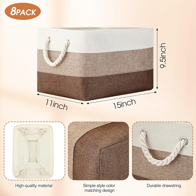 meekoo 8 Pack Collapsible Storage Bins Fabric Storage Bins Polyester Fabric Baskets with Handles Linen Closet Organizer for Shelf Home Closet Towels Toys(15 x 11 x 9.5 in,Mixed Beige) - Image 2