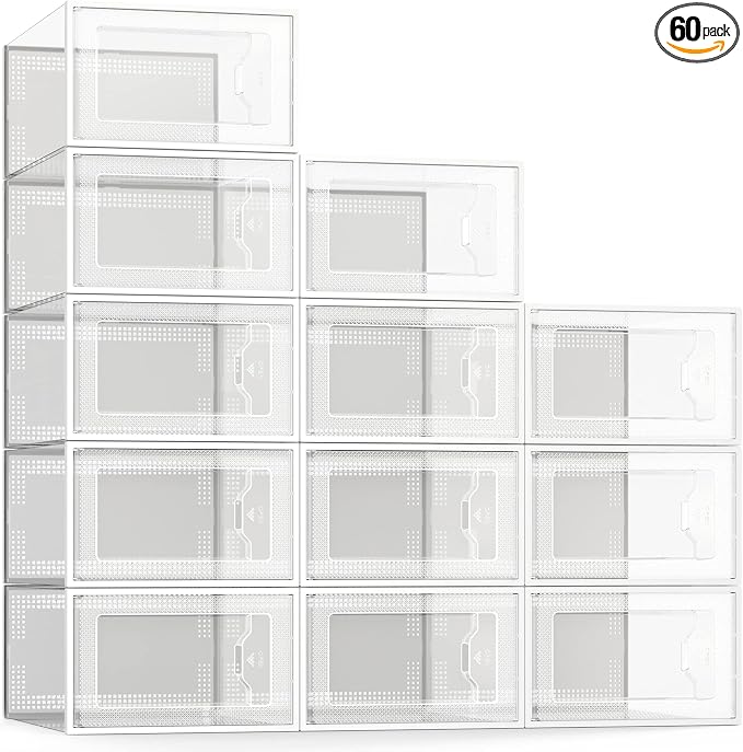X-Large Shoe Storage Box Fit Size 11, Clear Plastic Stackable Shoe Organizer for Closet, Space Saving Foldable Shoe Rack Sneaker Container Bin Holder, 60 Pack Clear by SEESPRING