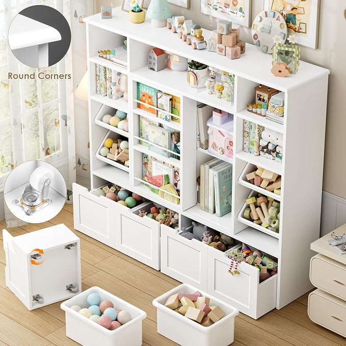 Toy Storage with Sliding Bookshelf, Toy Organizer with 4 Bins | 55.1’’ W Large Toy Storage Organizer Kids Bookshelf with 4 Movable Drawers, Toy Bins Playroom Storage for Kid Room, White - Image 6