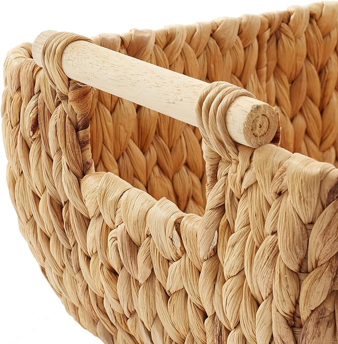 Casafield Set of 3 Water Hyacinth Oval Storage Baskets with Wooden Handles - Small, Medium, Large - Woven Nesting Basket Organizers - Image 5