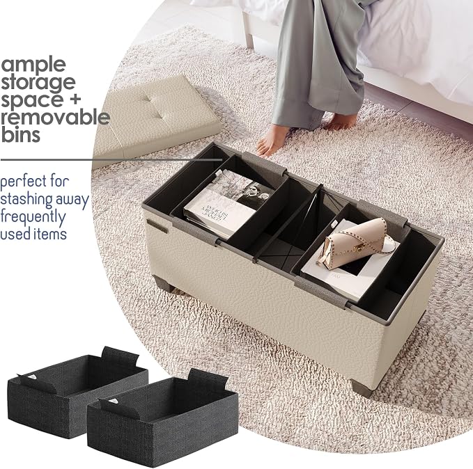 Storage Ottoman Bench with Bins, 30-in Storage Bench for Bedroom End of Bed, Folding Foot Rest Ottoman for Living Room Max 660lbs, Leather Ottomans, Beige - Image 3