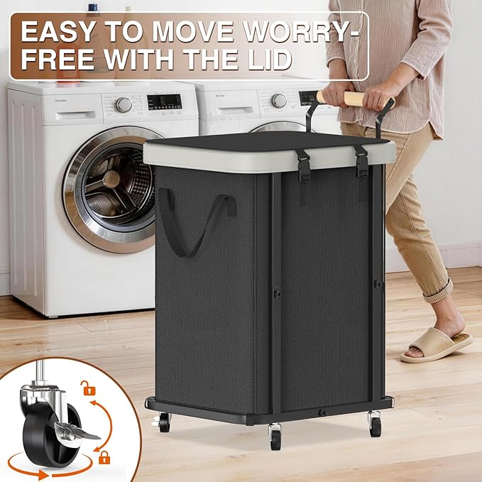 Laundry Hamper with Lid,150L Rolling Laundry Basket with Wheels & Handle | Leather Patchwor Dirty Clothes Hamper,Laundry Basket Organizer for Bedroom Aesthetic,Laundry Room,Dorm - Black Gray - Image 2