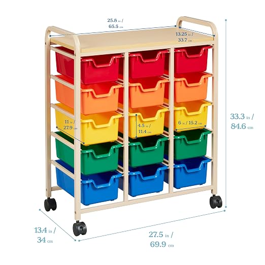 ECR4Kids 15-Bin Mobile Organizer with Shelf, Removable Bins, Sand/Assorted | Durable plastic bins, steel frame, GREENGUARD Gold Certified, 75 lb capacity, rolling casters, craft supplies, classroom/home - Image 3