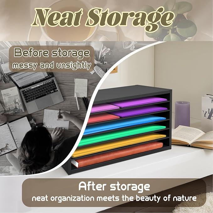 Construction Paper Organizer 20" x 13.5" x12.2",Soild Wooden Paper Organizer with 6-Tier Letter Trays, Desktop File Papers Sorter for Home, Classroom and Office (Black) - Image 4