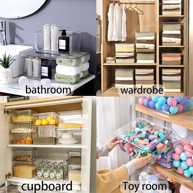 Lidded Plastic Storage Bins Set Clear Desk Basket Box Organizer Kitchen Container Clothes Laundry Closet Cabinet Shelf, Organization and Storage for Shelves Office Bathroom(clear 3XL+2M) - Image 4