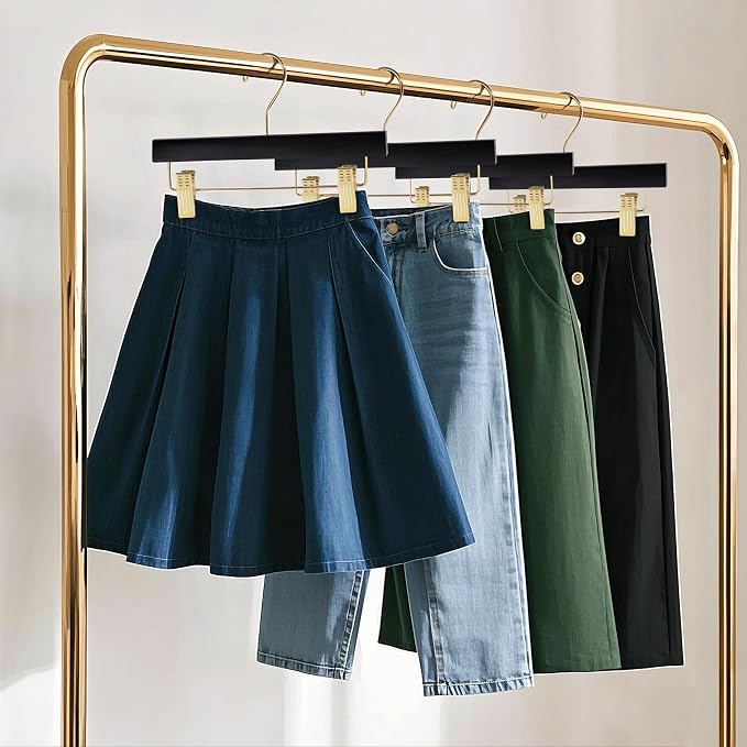 Quality Hangers Wooden Pants Hangers - Multi-Pack Swivel Hook Cloth Hanger Set - Lotus Wood Skirt, Pant, Shorts and Slack Hangers with Adjustable Clip – Clothing Hanger Set (120, Black - Gold Hook) - Image 6