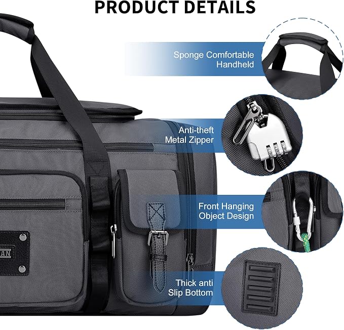 WITZMAN Duffle Bag for Men Large 54L Travel Duffel with Shoe Compartment | Water-resistant Nylon, Dry-wet Pocket, Fits 16" Laptop, Convertible for Gym, Weekender, Sports, Overnight, B717 Silvery Grey - Image 7