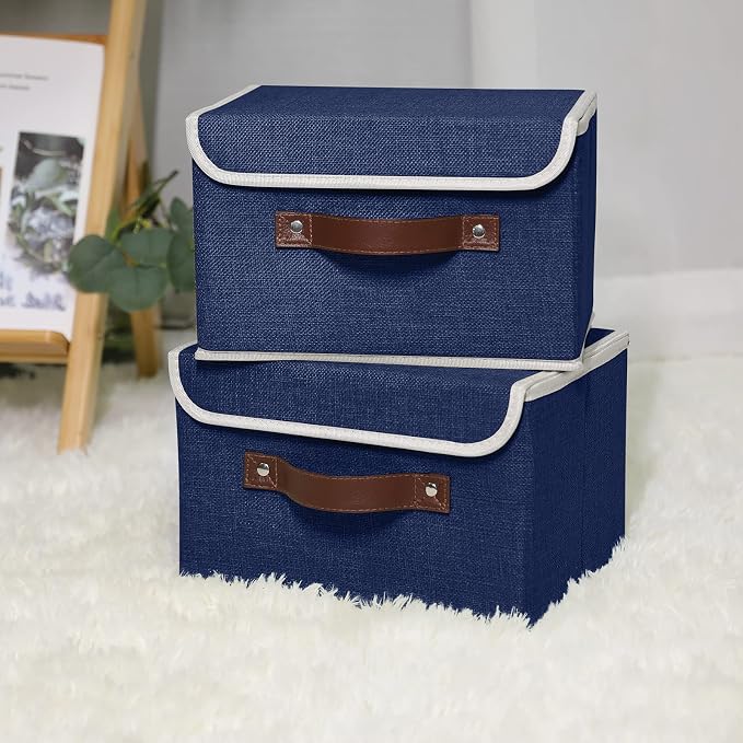 ANMINY Fabric Storage Box Bins with Lids, Blue, 10"x8"x7", 4 Pack | Keepsake Memory Storage, Cotton Linen, PP Board Reinforced, Washable, PU Handles, Foldable & Stackable, Decorative, Small - Image 2