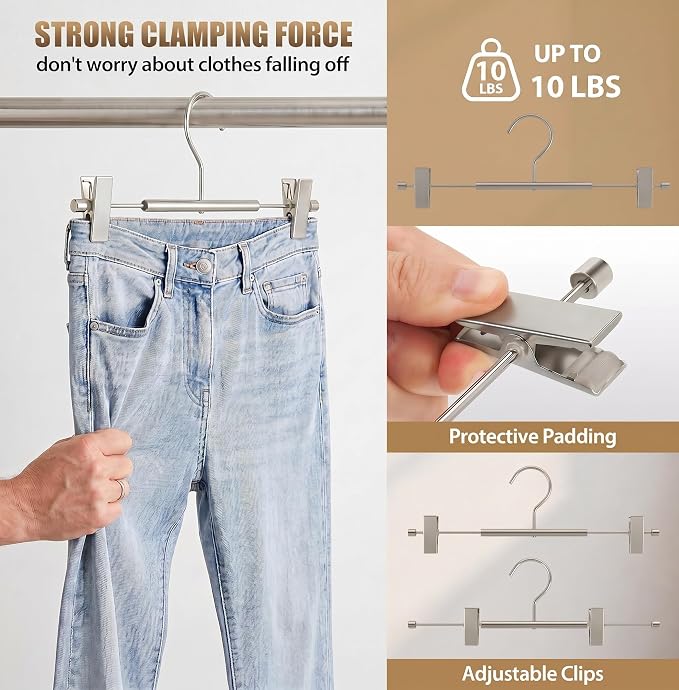 VWV 20 Pack Pants Hangers with Clips, 12.4 Inch Aluminum Skirt Hangers with 360° Swivel Hooks, Heavy Duty Space Saving Closet Hangers for Jeans, Slacks, Shorts(Matte Pearl Nickel - Image 6