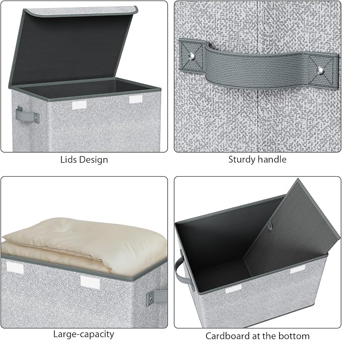 Univivi Decorative Fabric Storage Boxes with Lids, 4 Pack, Gray | 17 x 12 x 12 In Large Stackable Storage Bins with Lids & Carry Handles, Closet Organizers for Clothes, Office, Bedroom - Image 4