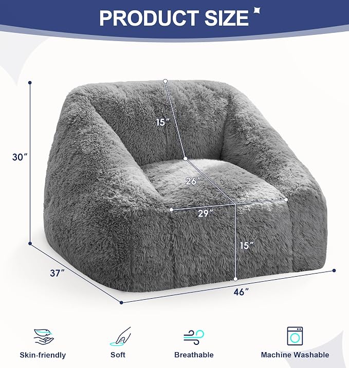 Hobestluk Bean Bag Chair Plush Cozy Chair Armrest Living Room Adult Grey | Memory Foam Filled Oversized Large Cozy Comfy Plush Chair Lazy Sofa Living Room Bedroom Dorm Reading Gaming Washable cover - Image 2