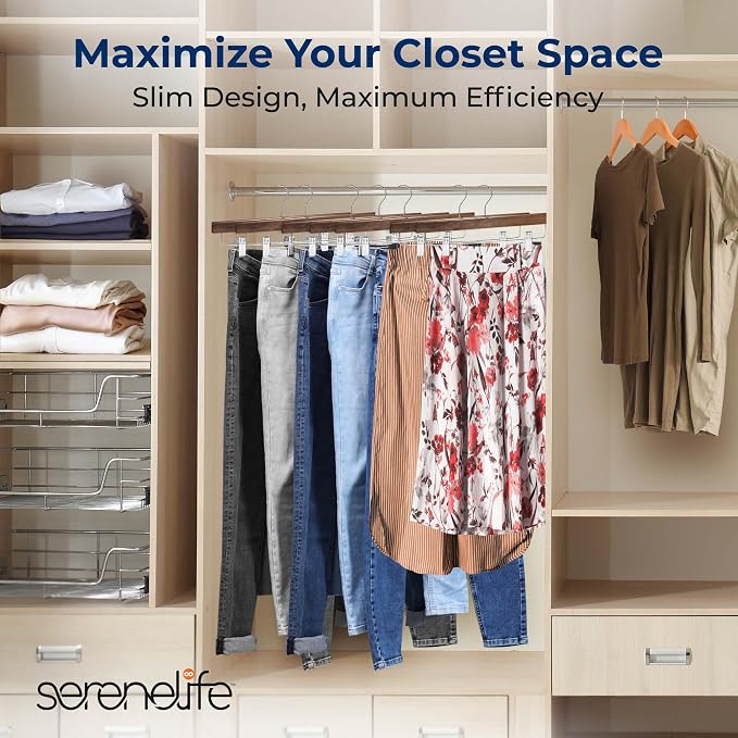 SereneLife 20 Pack Wooden Pants Hangers with 2 Adjustable Clips, 14 Inch Wood Skirt Hangers, Trousers Bottom Hanger with Non-Slip Clips and 360° Swivel Hook, Heavy Duty & Anti Slip (Brown) - Image 2
