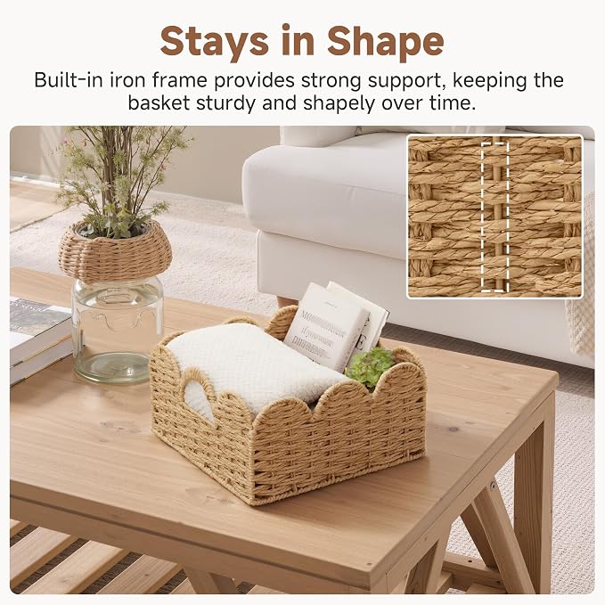 StorageWorks Scalloped Wicker Basket, Wicker Storage Baskets, Paper Rope | Woven Baskets for Storage, Wicker Storage Baskets for Shelves, Large Wicker Basket, Shelf Basket with Handles, 2 Pack - Image 5