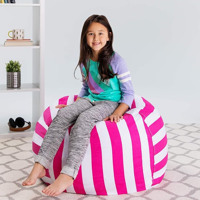 Posh Stuffable Kids Stuffed Animal Storage Bean Bag Chair Cover - Childrens Toy Organizer, Large 38" - Canvas Stripes Pink and White - Image 4