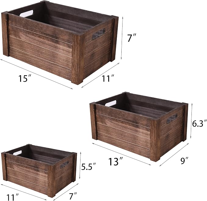 Farmhouse Antique Black Wooden Crate for storage,Rustic Decorative Boxes,Set Of 3 Nesting Wooden Storage Crates For display,Handmade Natural Solid Wood Box (Rustic Black) - Image 2